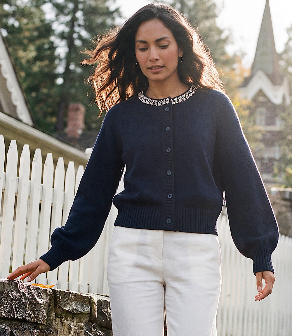 Embellished Crewneck Cardigan Sweater