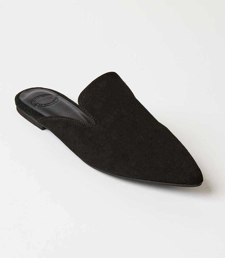 Black suede leather mule with pointed toe and flat sole for comfortable, stylish wear