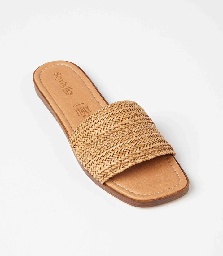 Palm Perfection Sandals with synthetic raffia strap, square toe, and 0.75 inch platform, made in Italy.