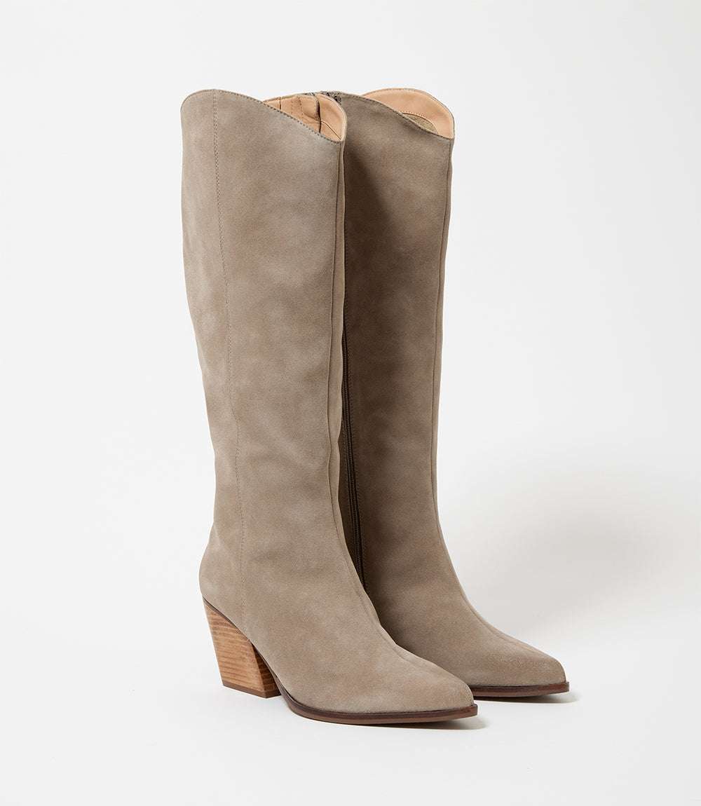 Pointed toe Western high boots made of soft suede with a 3-inch heel and inner ankle zipper closure