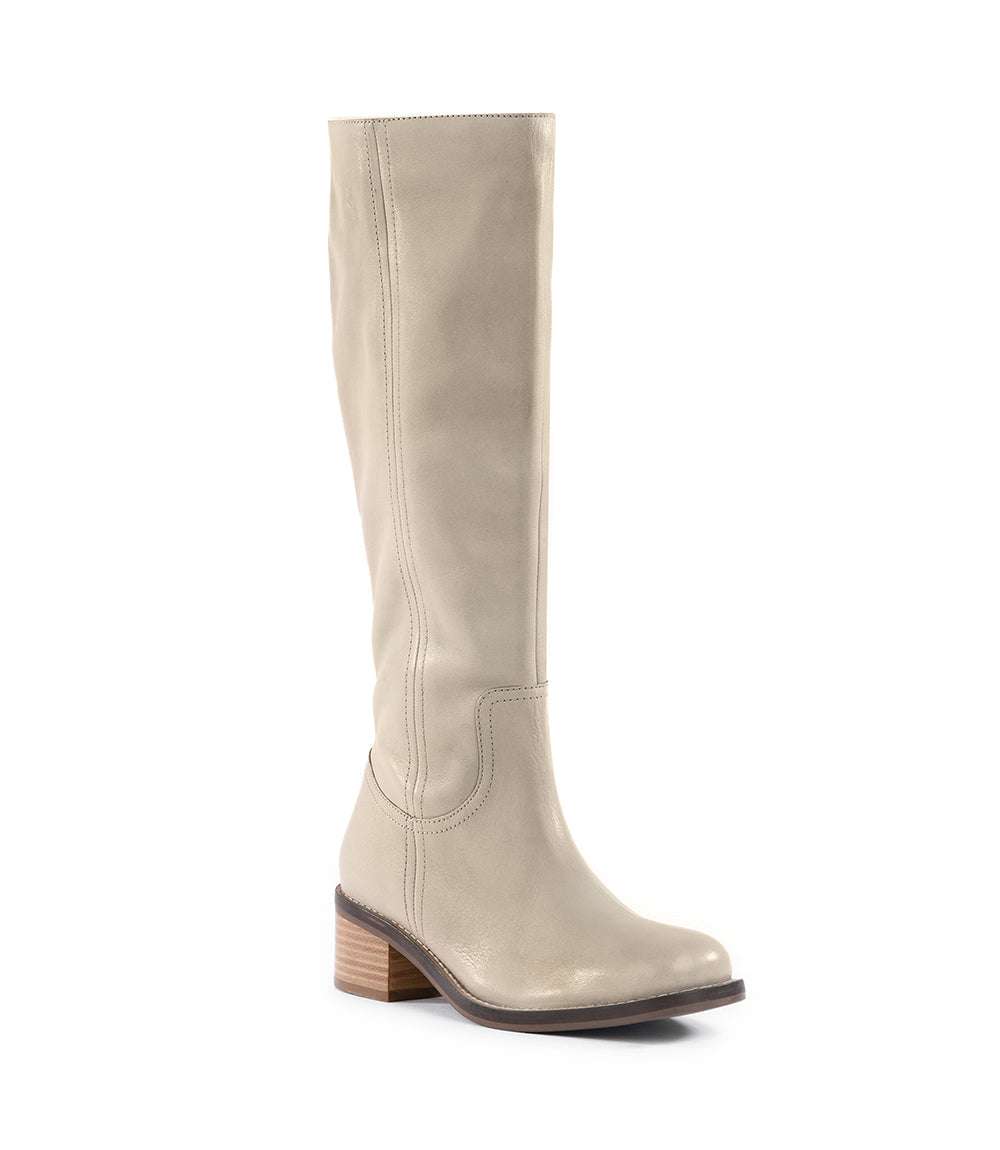 Beige leather round toe knee high boot with 2-inch block heel and half zipper closure
