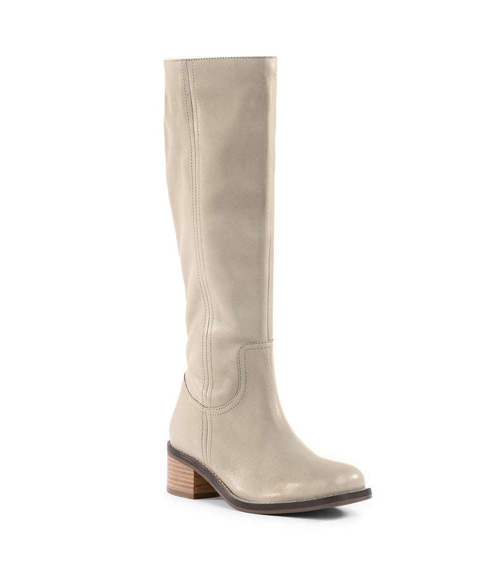 Beige leather round toe knee high boot with 2-inch block heel and half zipper closure