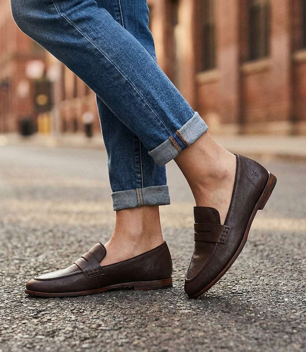 Brown Frye Faith Loafers in natural milled Nappa leather with penny strap and moc-toe stitching