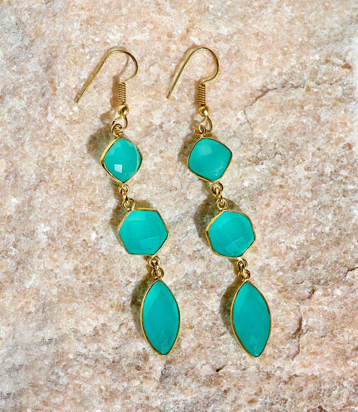 Triple gemstone earrings with aqua Peru Chalcedony stones set in gold plated brass