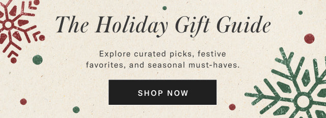 Holiday gift guide with snowflakes and a 'Shop Now' button on a beige background