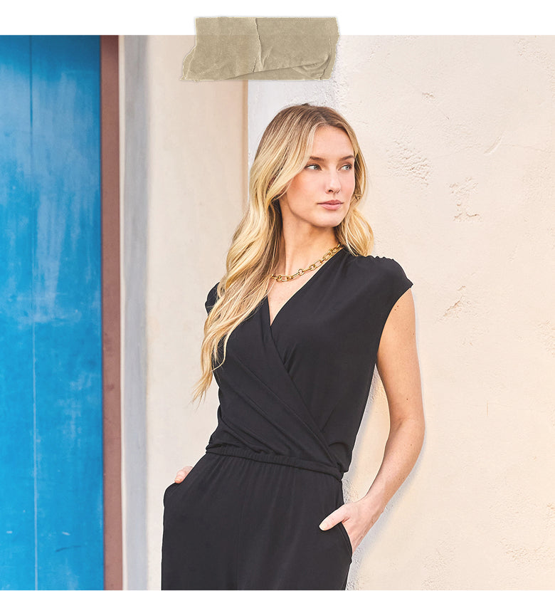 pack light wear often women in  black jumpsuit 