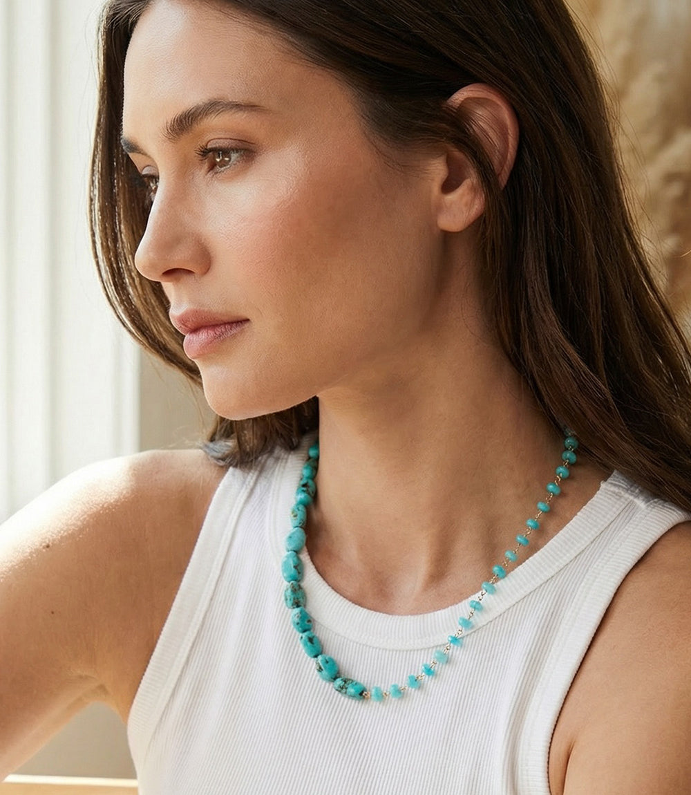Harmony Turquoise Necklace with genuine opal and cubic zirconia set in 14K gold vermeil