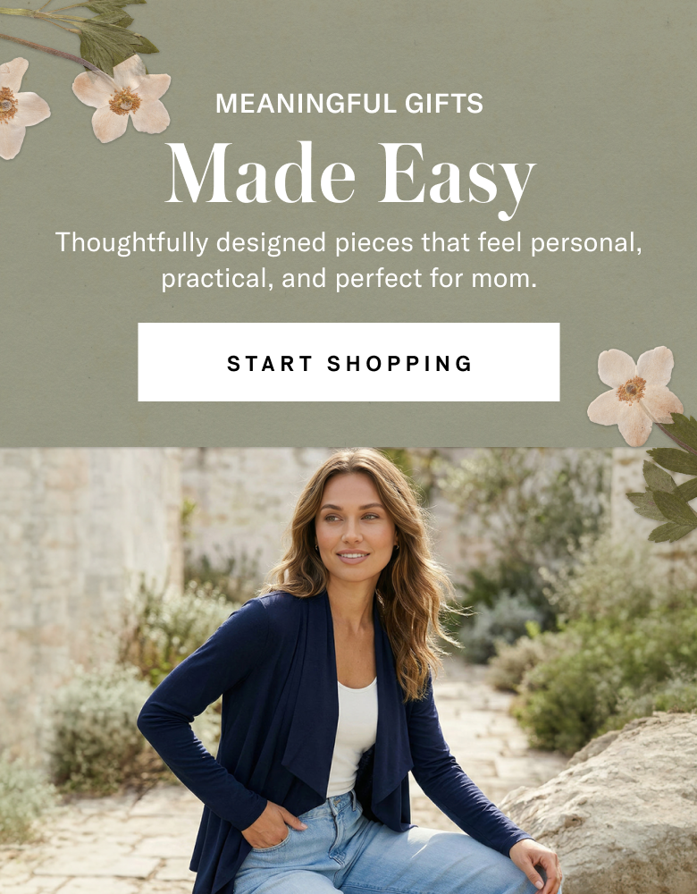 Woman in a blue cardigan standing outdoors with text about meaningful gifts for mom.