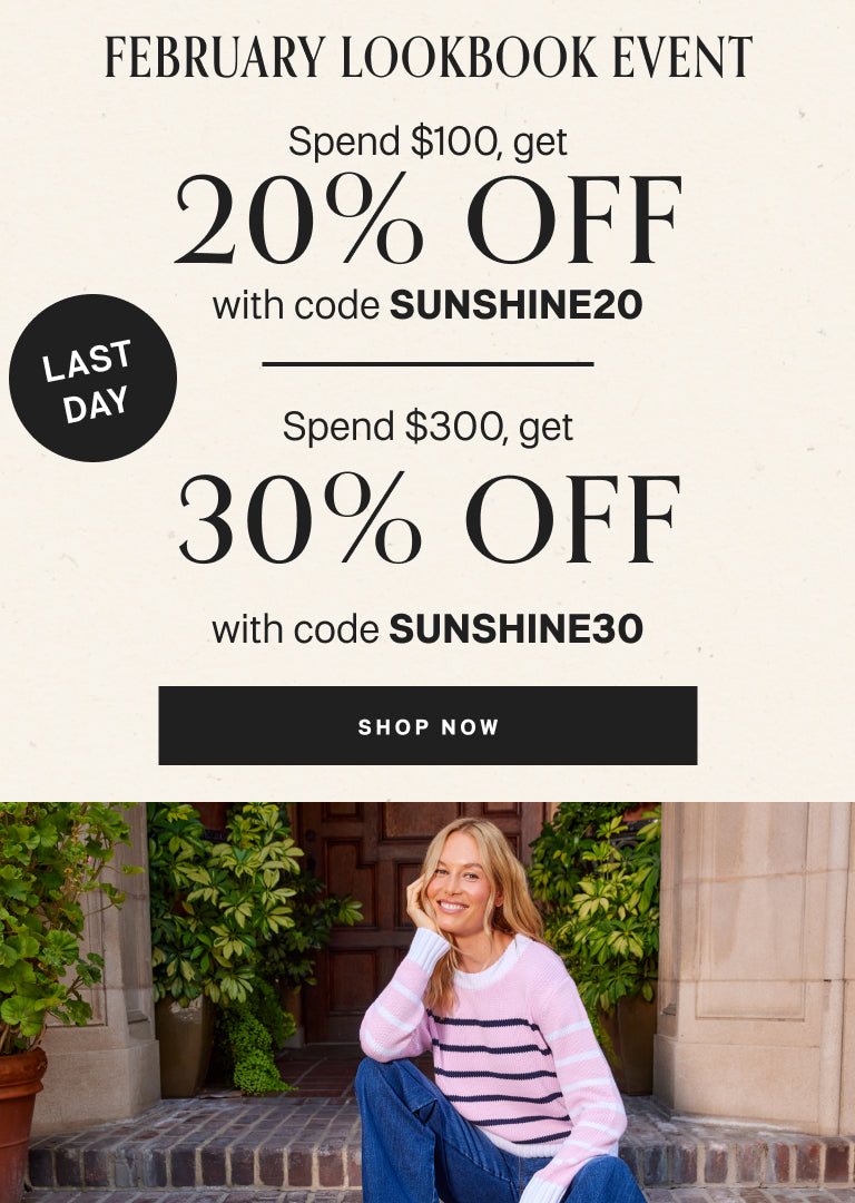 Promotional advertisement for a February lookbook event with discount codes and a woman sitting outdoors.
