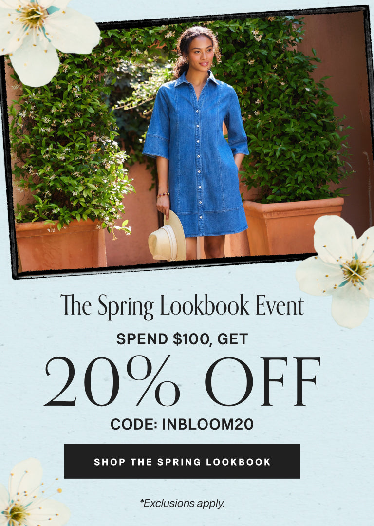 Promotional graphic for 'The Spring Lookbook Event' with a woman in a blue dress and flowers.