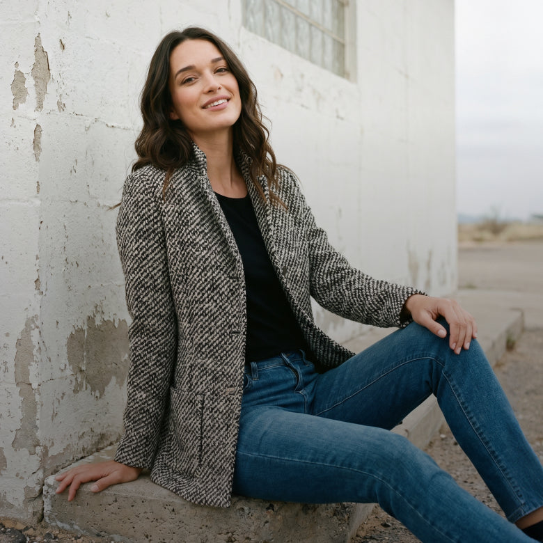 A woman sits on a concrete ledge against a weathered white wall, wearing a textured black and beige herringbone blazer over a black top and blue jeans.