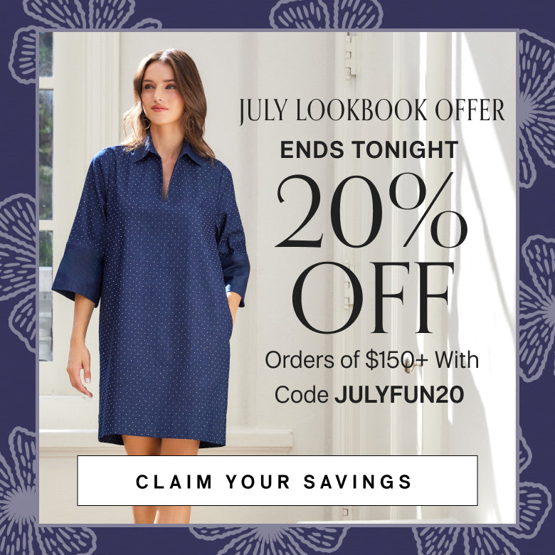 A promotional sale graphic featuring a woman wearing a navy blue short-sleeve collared dress with a subtle white geometric pattern. The image includes text reading 'JULY LOOKBOOK OFFER', 'ENDS TONIGHT', '20% OFF', 'Orders of $150+ With Code JULYFUN20', and 'CLAIM YOUR SAVINGS', set against a white background with a dark blue patterned border.
