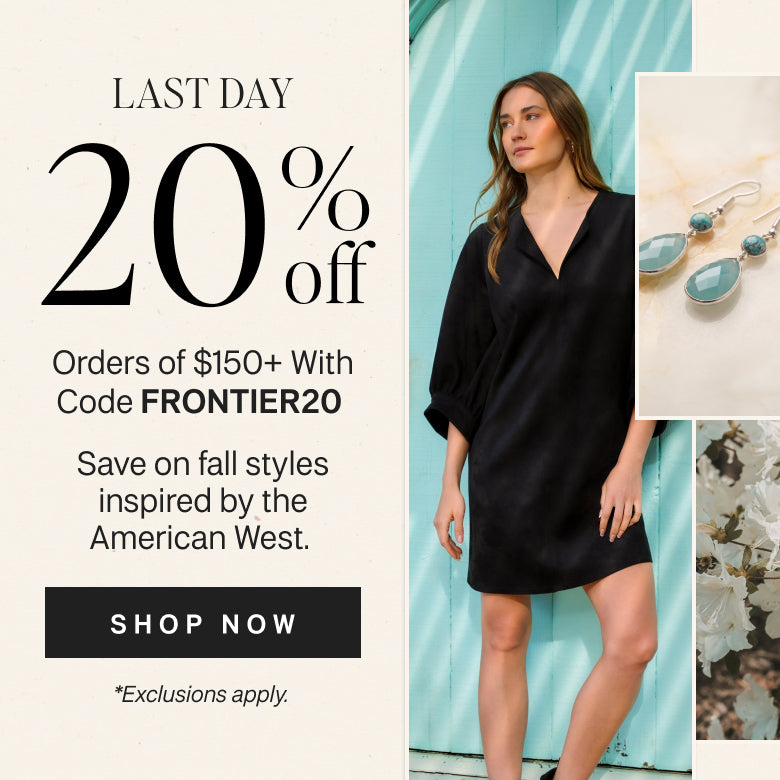 Promotional banner for a 20% off sale, featuring a model wearing a black satin mini dress against a turquoise wall, alongside inset images of turquoise earrings and floral decor. Text on the left reads 'LAST DAY 20% off' and includes a 'SHOP NOW' button.
