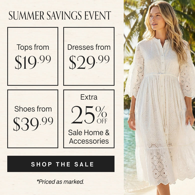 A promotional sale graphic for a summer savings event, featuring a woman wearing a white eyelet midi dress on the right and sale text blocks on the left including tops from $19.99, dresses from $29.