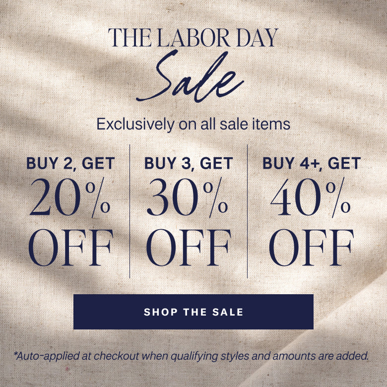 A promotional sale graphic with a textured beige fabric-like background and dark navy text reading 'THE LABOR DAY Sale' and discount offers: 'BUY 2, GET 20% OFF', 'BUY 3, GET 30% OFF', and 'BUY 4+, GET 40% OFF'. A dark navy button says 'SHOP THE SALE', with small text at the bottom explaining auto-application at checkout.
