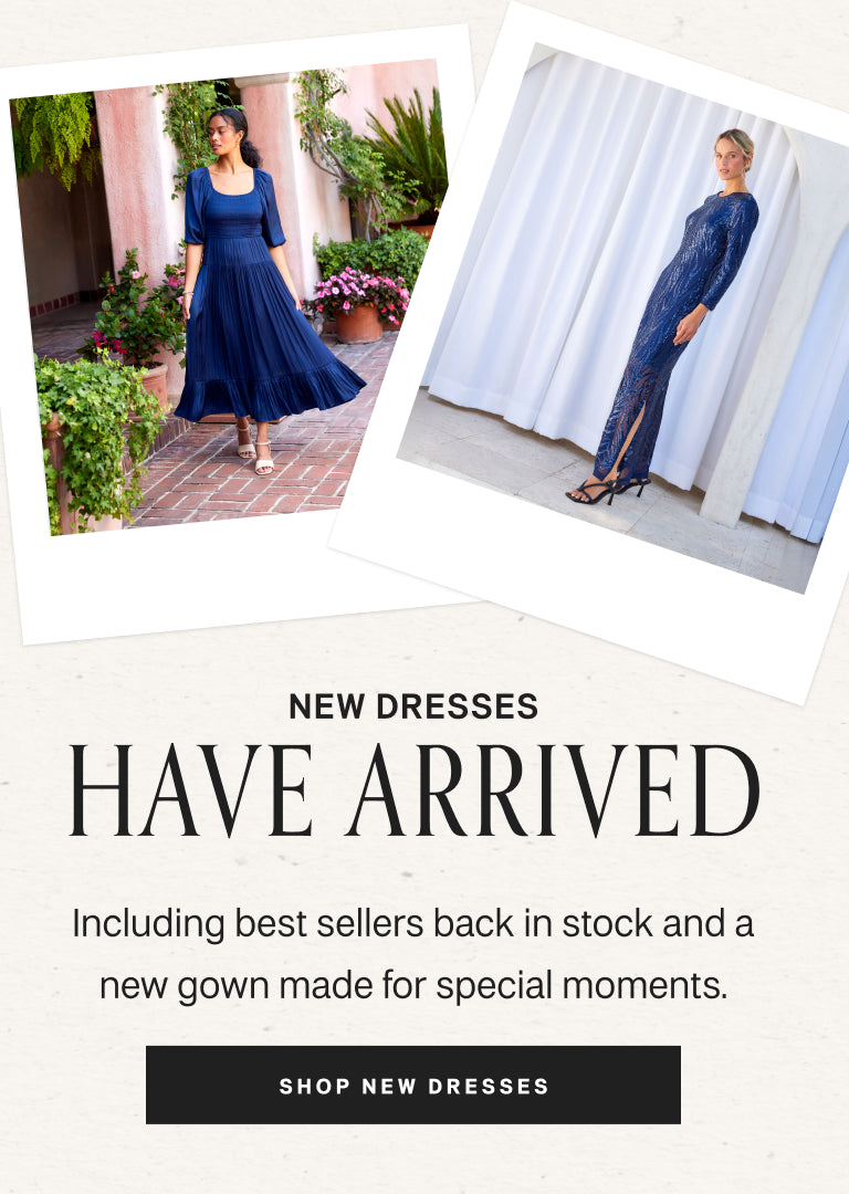 Promotional image with two women wearing blue dresses, text about new dresses arriving, and a call to action to shop new dresses.