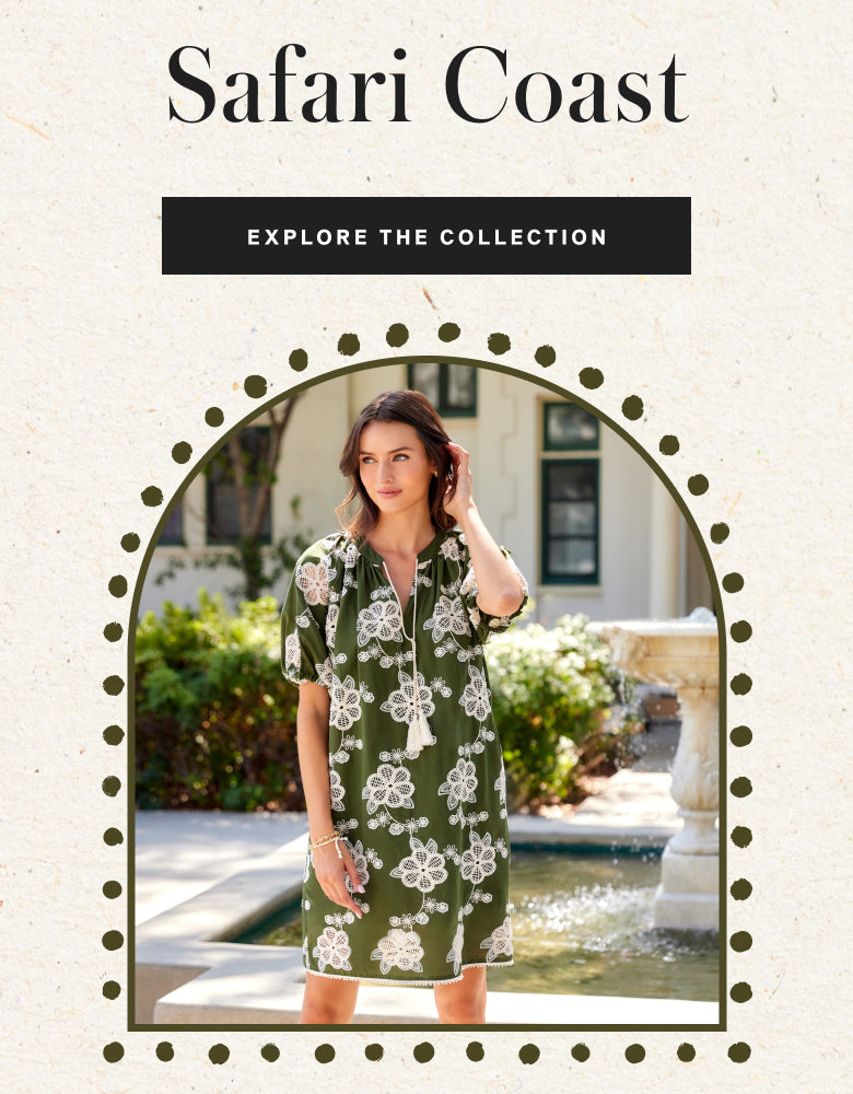 Woman wearing a green floral dress in front of a pool with 'Safari Coast' branding.