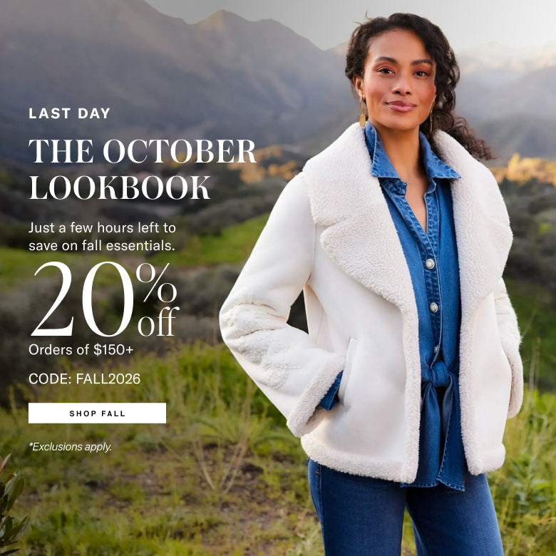 A woman stands outdoors in front of mountains wearing a white sherpa fleece jacket over a blue denim shirt and jeans, with promotional text on the left reading 'Last Day The October Lookbook' and '20% off'.