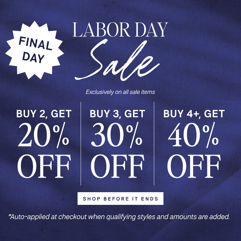 Labor Day Sale promotional graphic with text offering buy 2 get 20% off, buy 3 get 30% off, and buy 4+ get 40% off on all sale items. The design features a dark textured blue background with white typography and a white starburst badge reading 'FINAL DAY'.