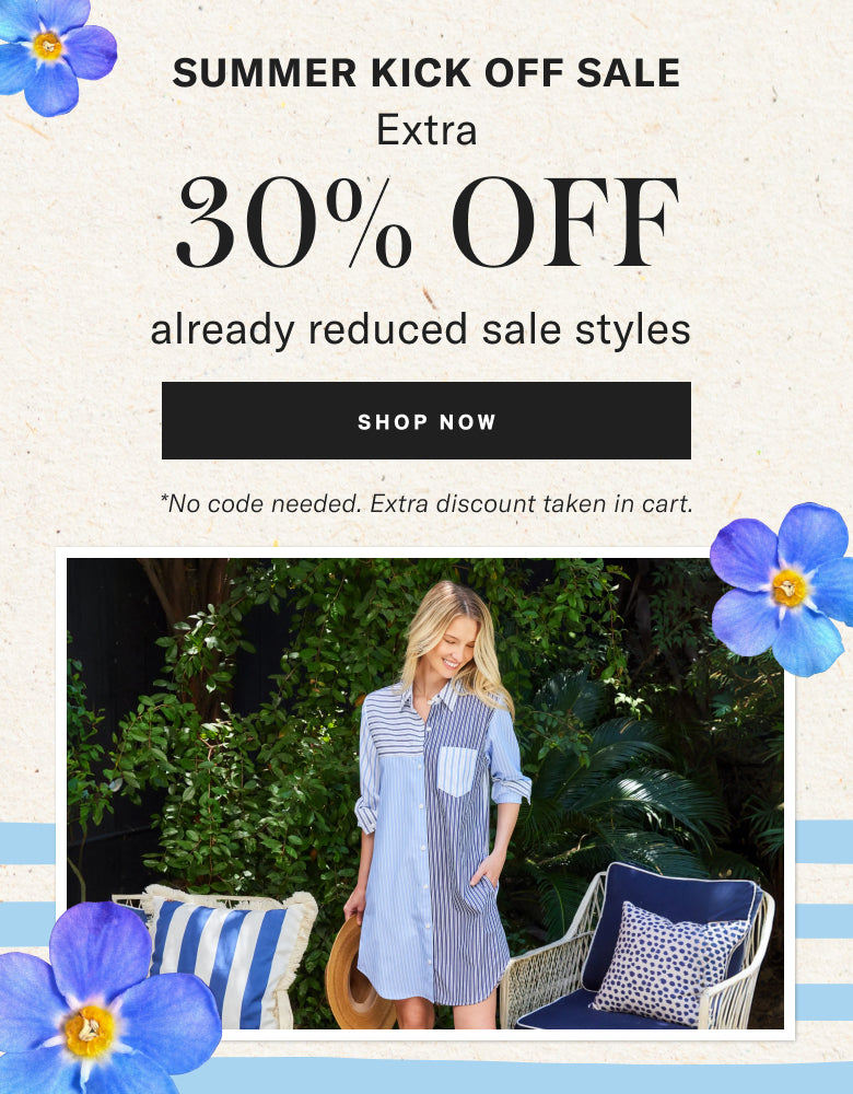 Promotional banner for a summer kick off sale with a woman in a blue dress and flowers.
