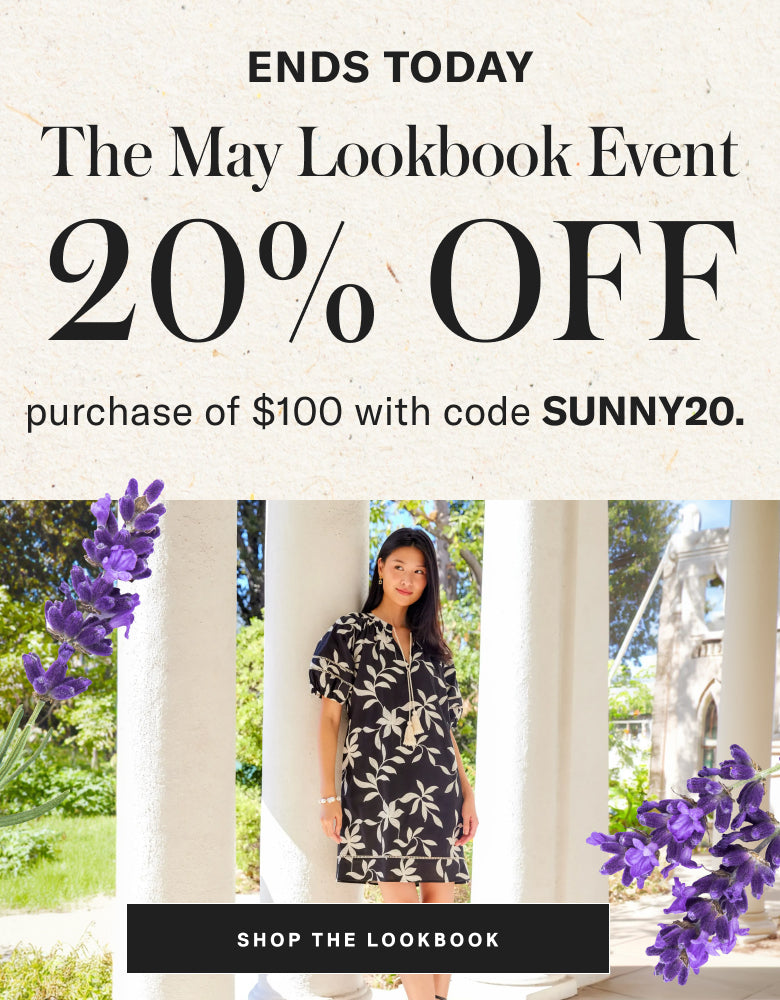 Promotional banner for The May Lookbook Event with a woman in a dress and flowers.