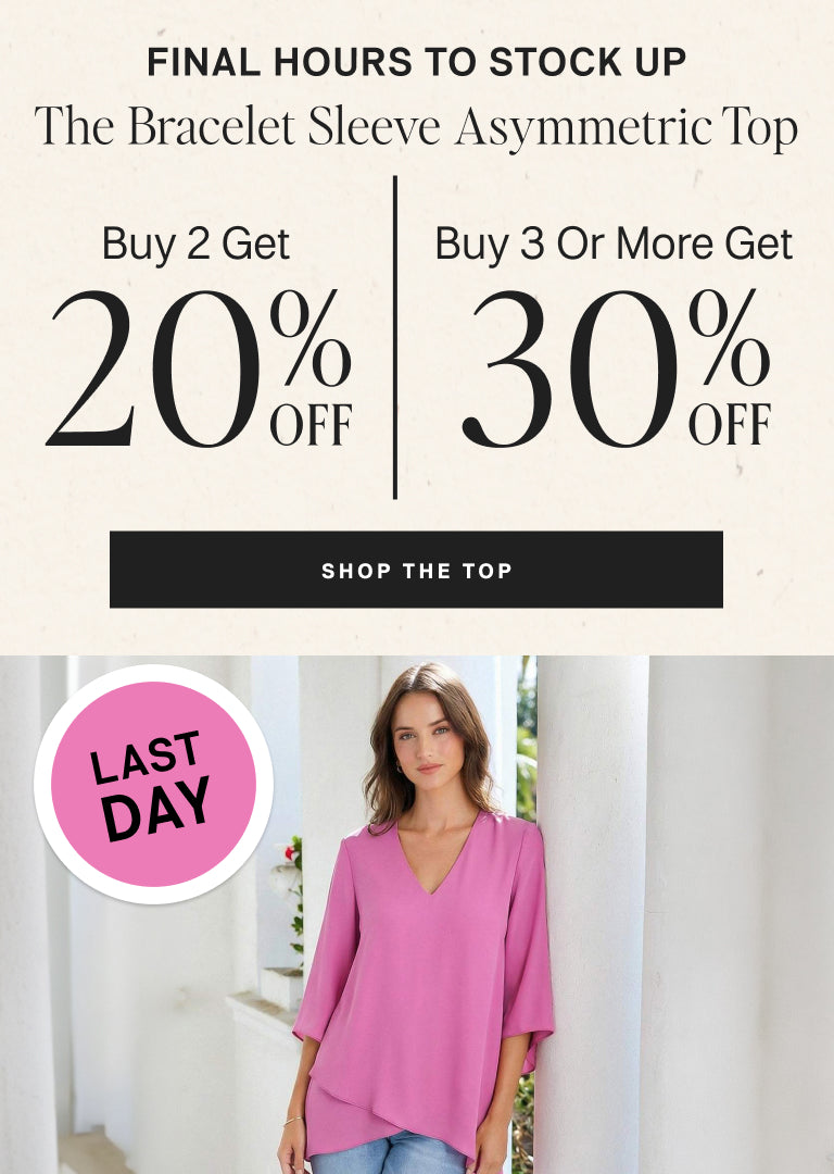 Promotional advertisement for a bracelet sleeve asymmetric top with discount information and a model wearing the top.