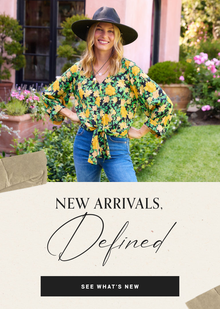 Woman wearing a floral blouse and hat in a garden setting with promotional text overlay.