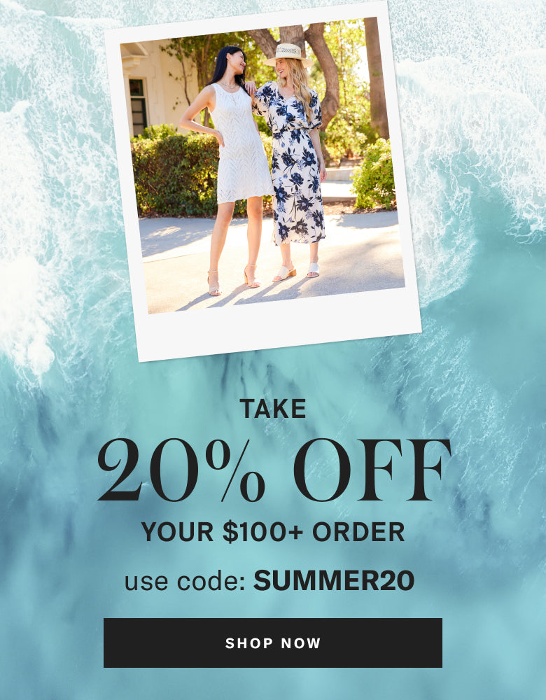 Two women in dresses standing outdoors with a promotional offer overlay on a blue background.
