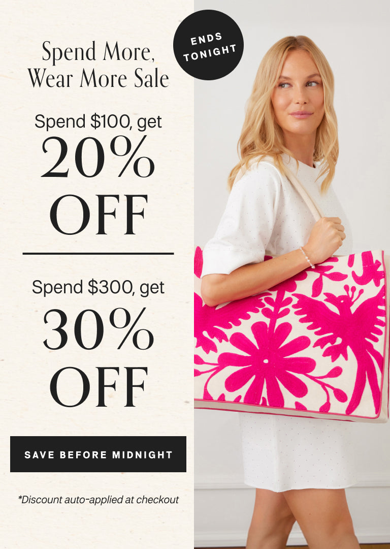 Promotional advertisement for a sale with a woman holding a pink floral bag.