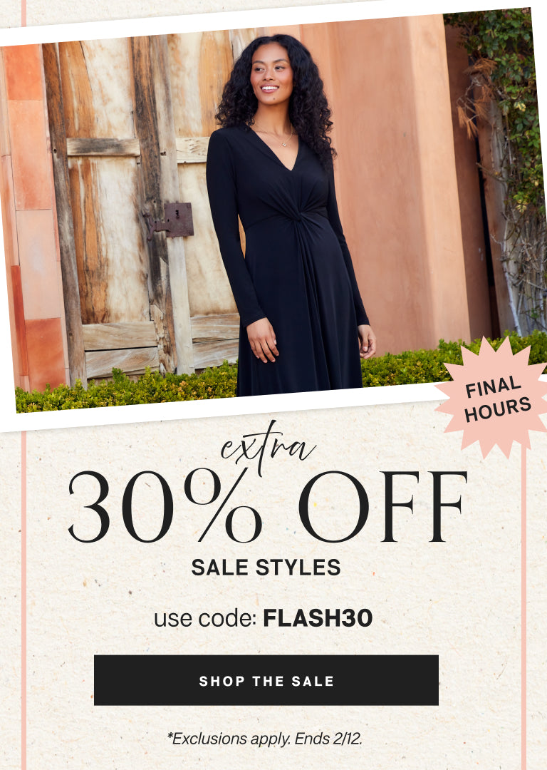 Woman in a black dress standing outdoors with promotional text overlay for a 30% off sale.