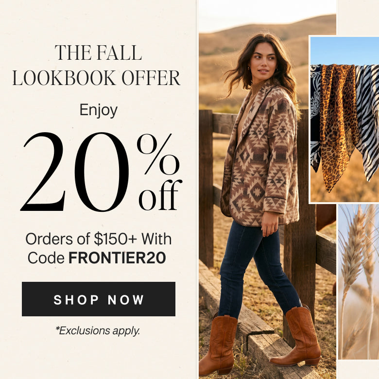 Promotional fall lookbook graphic with text reading 'The Fall Lookbook Offer' and '20% off', alongside a woman wearing a patterned beige blazer, dark jeans, and brown boots, plus three inset fashion/detail images on the right.