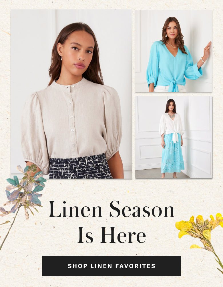 Promotional image for linen clothing with a woman wearing a beige blouse and text 'Linen Season Is Here'.