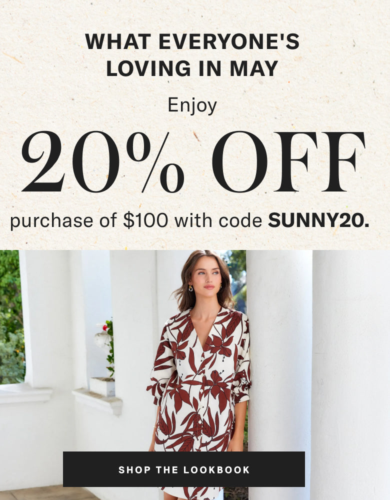 Promotional advertisement with a woman in a dress, 20% off text, and code Sunny20.