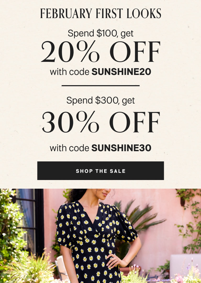 Promotional text for a clothing sale with discount codes and a model wearing a floral dress.
