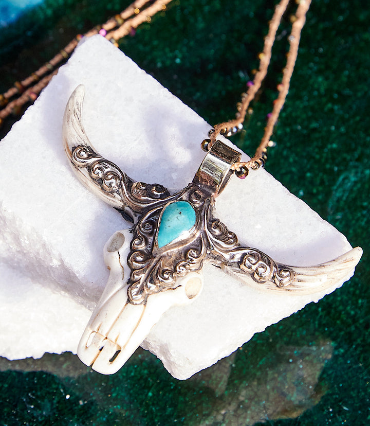 Sterling Silver Longhorn Carved Bone Necklace