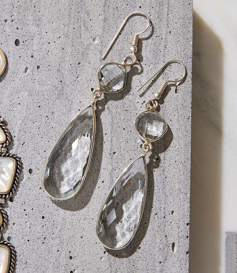 Crystal drop earrings with two-tiered faceted glass gemstones in silver-plated brass setting