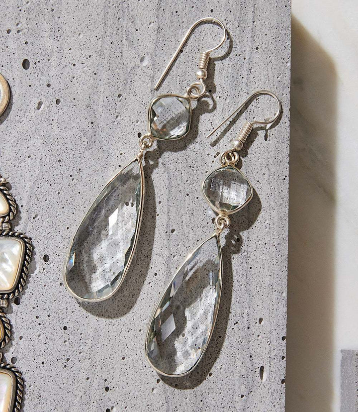 Crystal drop earrings with two-tiered faceted glass gemstones in silver-plated brass setting