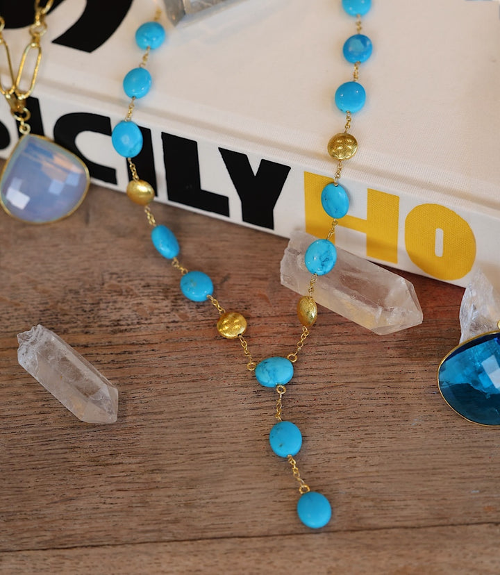 Beaded Turquoise And Gold Lariat Necklace