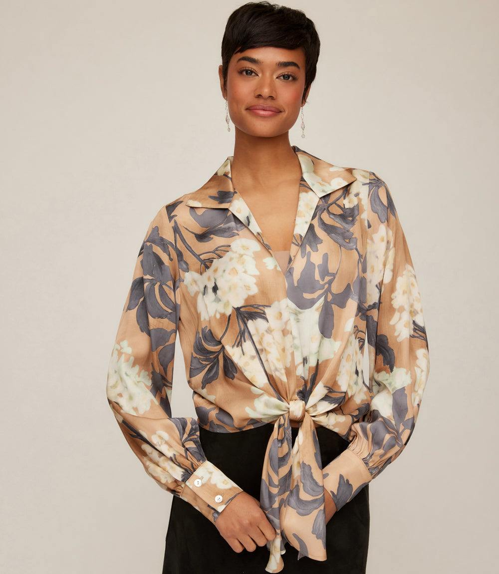 Petite Size Blouson Sleeve Satin Tie-Front Top | Elegant Floral