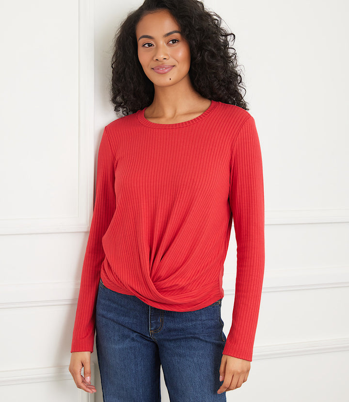 Ribbed Long Sleeve Drape Front Crossover Top