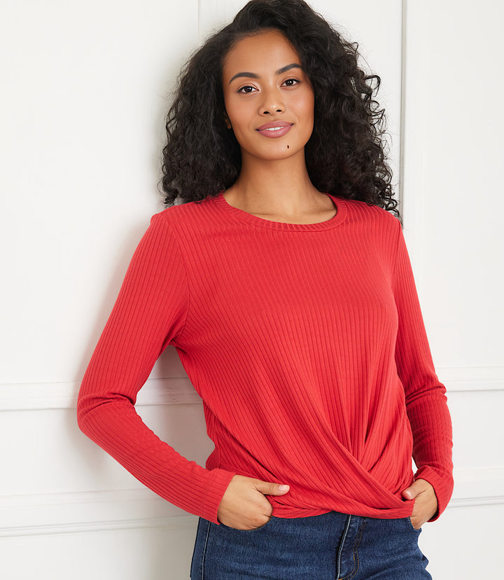Ribbed Long Sleeve Drape Front Crossover Top