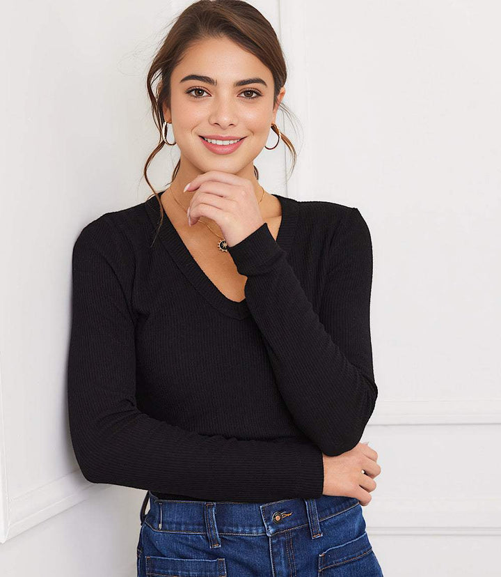 Petite size long sleeve ribbed V-neck top in black, fitted and stretchy for layering or solo wear.