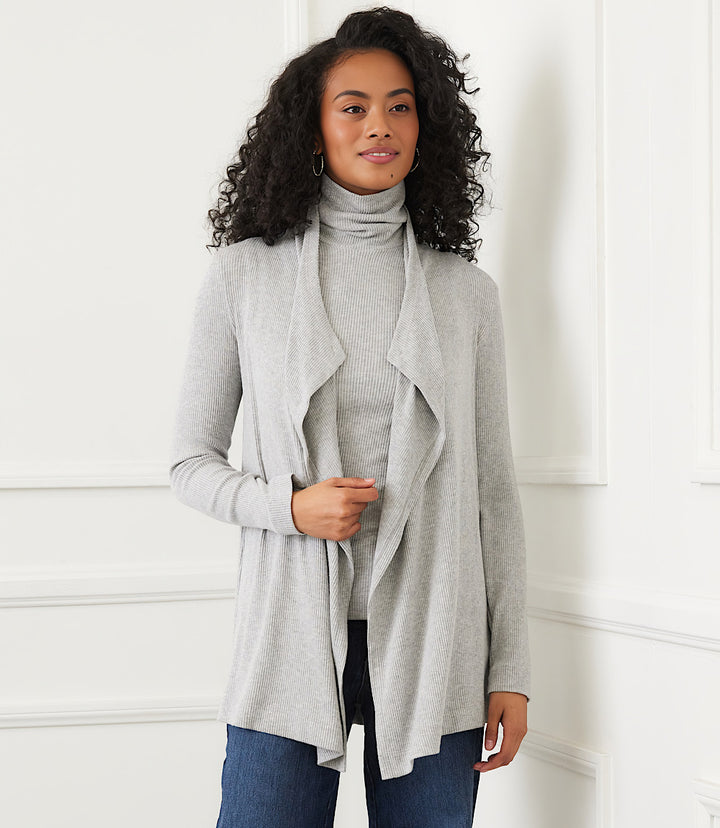 Long Sleeve Ribbed Drape Front Cardigan
