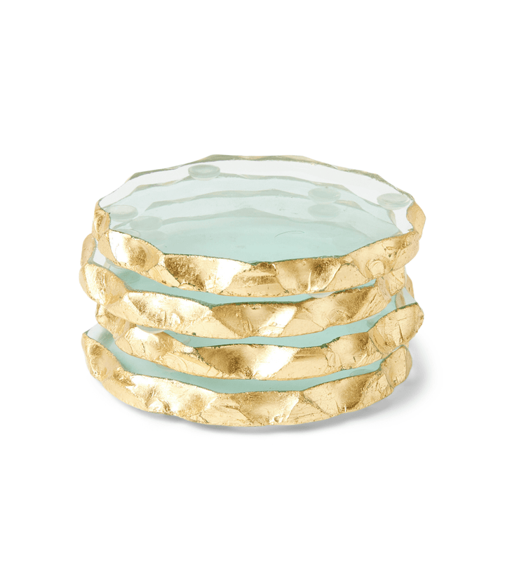 Set of 4 crystal coasters with gold edge trim, 4x4 inches, elegant table protection.