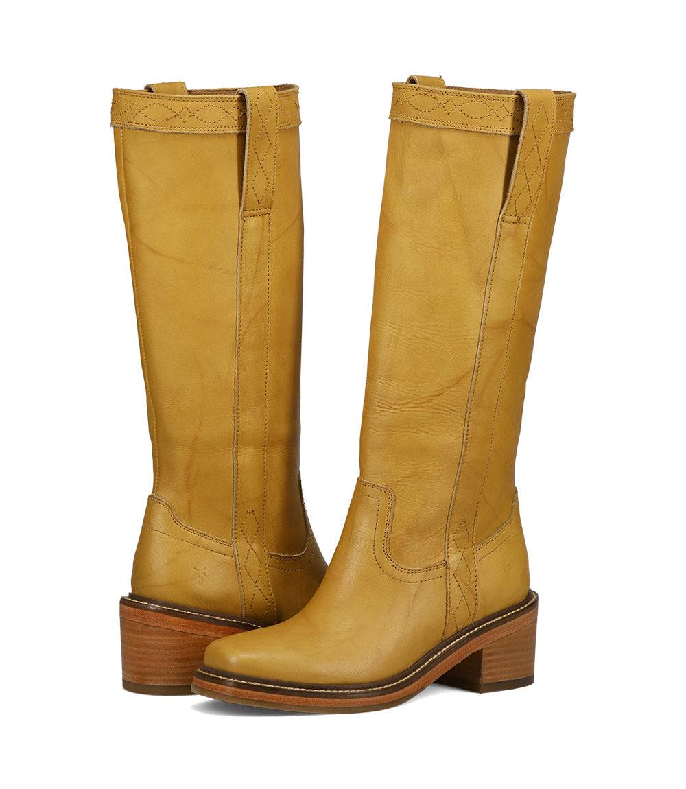 Yellow mustard Frye Kate Pull On Riding Boots with square toe and stacked block heel
