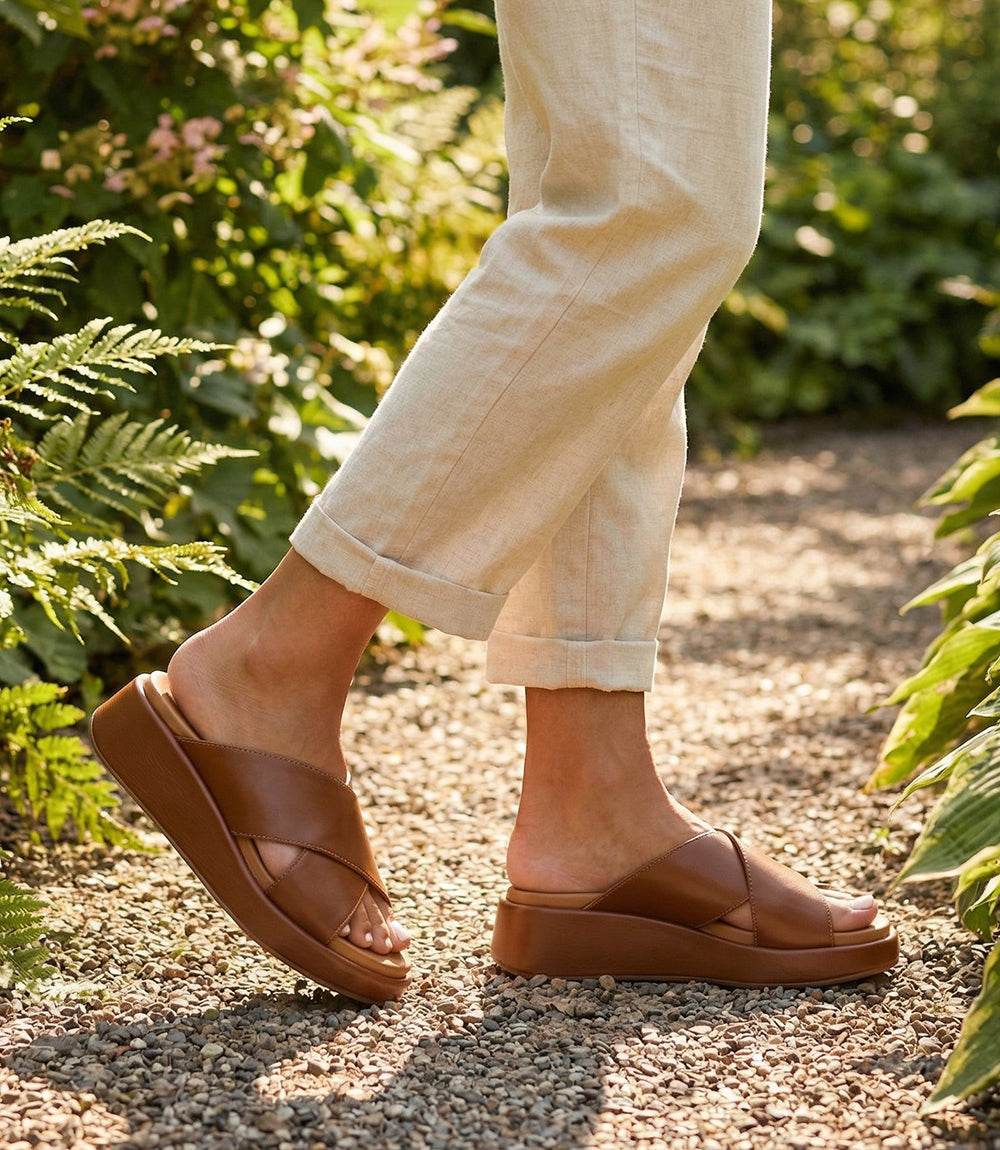 Key Largo Slip On platform sandals with leather crisscross design and soft soles