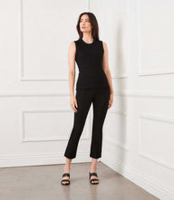 Petite size cropped pintuck pants with elastic waistband and subtle flare hem