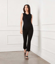 Petite size cropped pintuck pants with elastic waistband and subtle flare hem