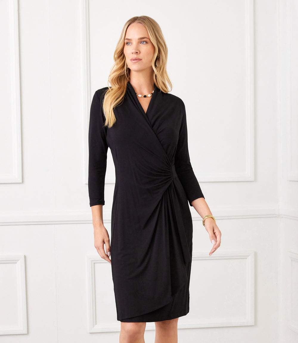 Karen Kane Women's Petite Size Cascade Wrap Dress, PS, PS, Black, Rayon/Spandex Karen Kane Women's Petite Size Cascade Wrap Dress, PS, PS, Black, Rayon/Spandex