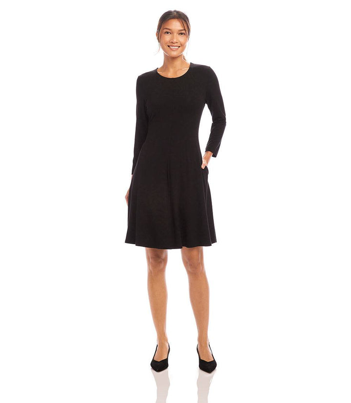 Petite size 3/4 sleeve black fit and flare dress with scoop neck and side pockets